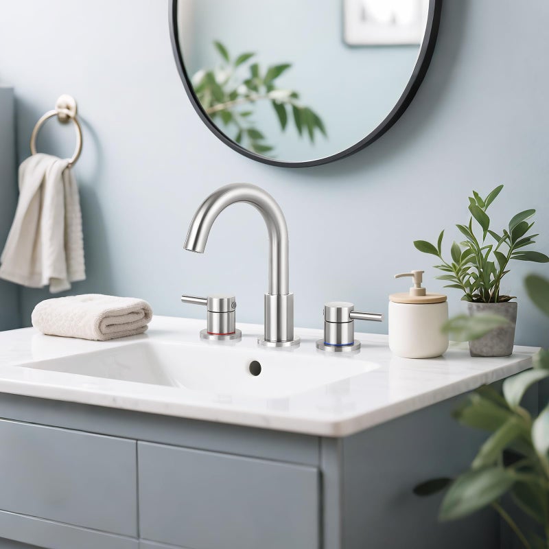 IUERASD Bathroom Faucet 3 Hole, Brushed Nickel Bathroom Sink Faucet with Pop Up Drain, 8 inch Widespread Bathroom Faucet with 360Â° Swivel Spout, 2 Handle Vanity Faucet with Water Supply Hoses - Image 3