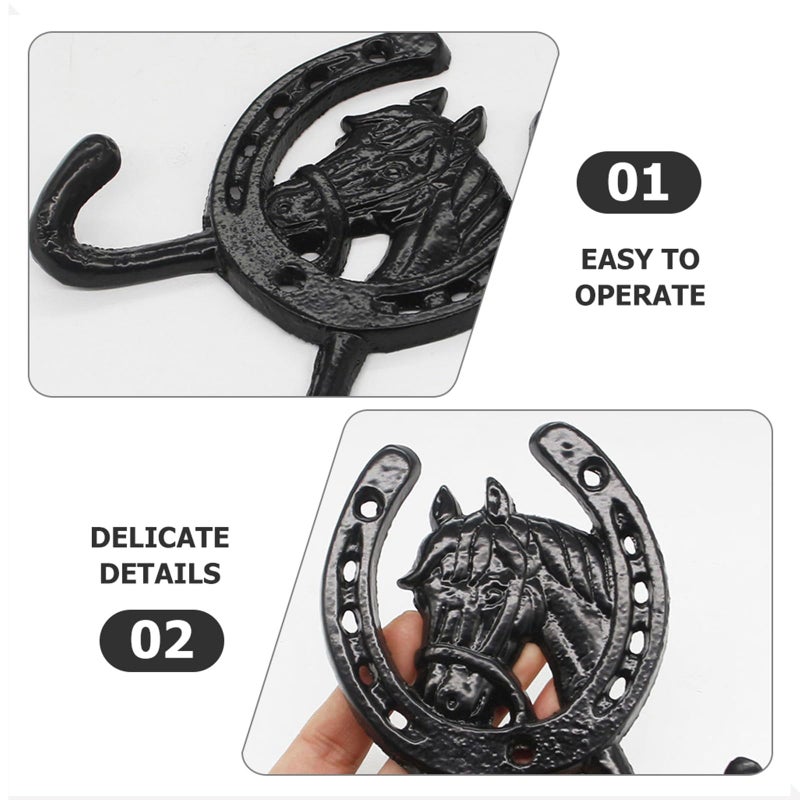 Cast Iron Double Horseshoe Wall Hook Dark Horse Head Hanger for Coat Towel Storage - Image 4