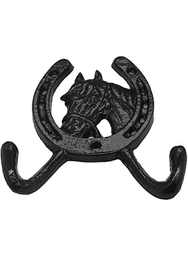 Cast Iron Double Horseshoe Wall Hook Dark Horse Head Hanger for Coat Towel Storage - Image 1