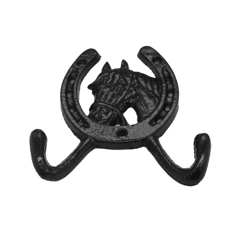 Cast Iron Double Horseshoe Wall Hook Dark Horse Head Hanger for Coat Towel Storage - Image 2