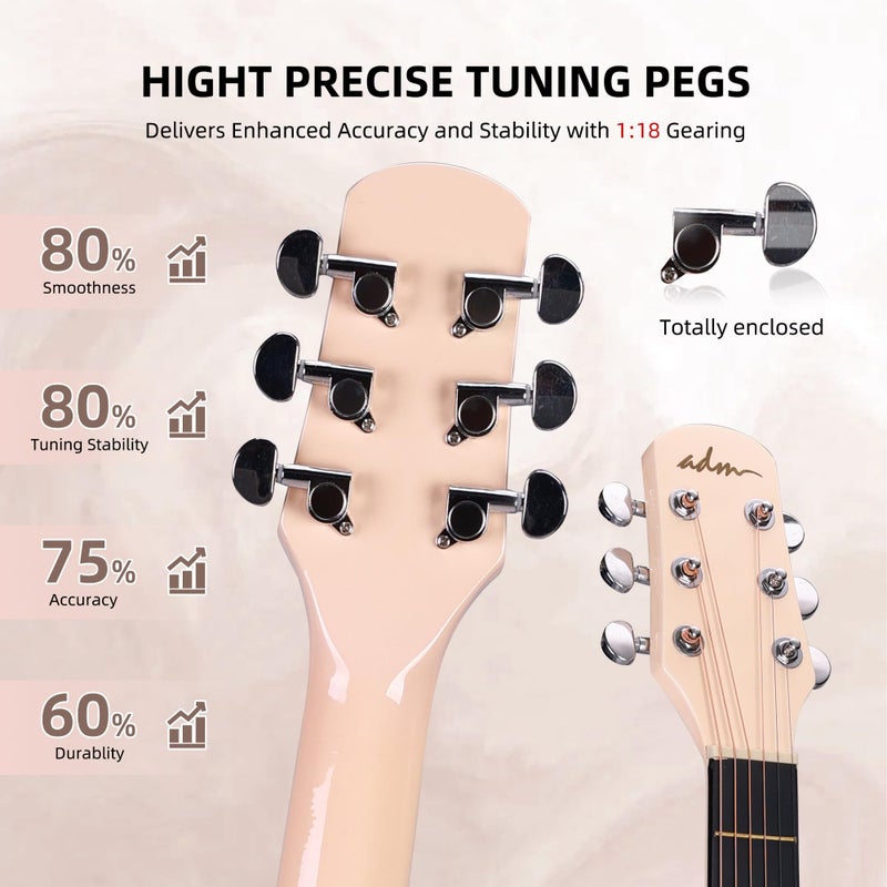 ADM Acoustic Guitar Kits for Beginners Adults - 38" Steel-String Guitars Bundle with Online Lesson Wooden Bowl Guitarra Starter Set Package with Bag, Strap, Picks, Capos, Kazoo, White - Image 4