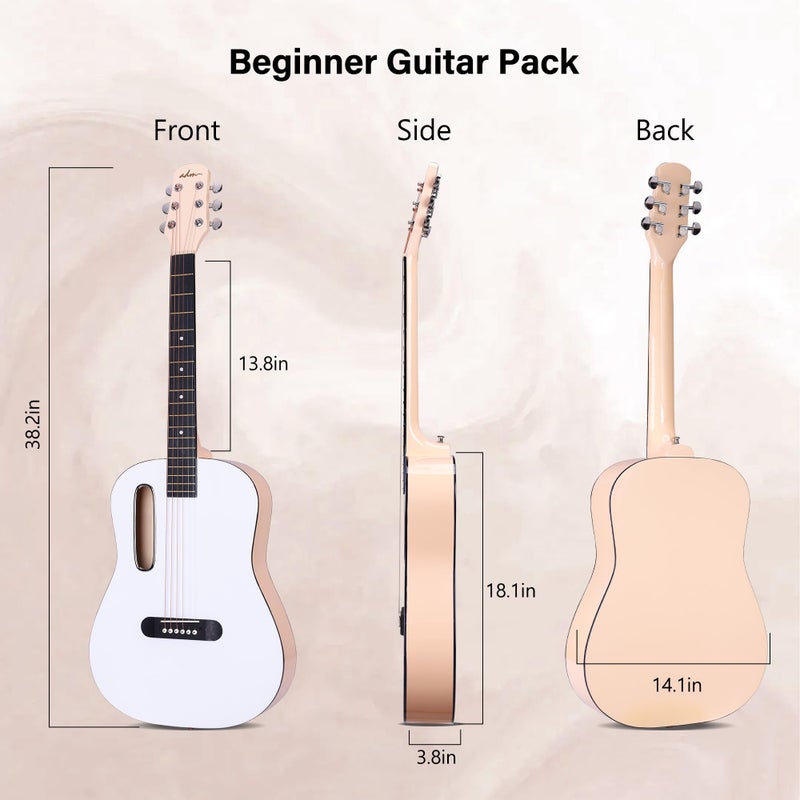 ADM Acoustic Guitar Kits for Beginners Adults - 38" Steel-String Guitars Bundle with Online Lesson Wooden Bowl Guitarra Starter Set Package with Bag, Strap, Picks, Capos, Kazoo, White - Image 3