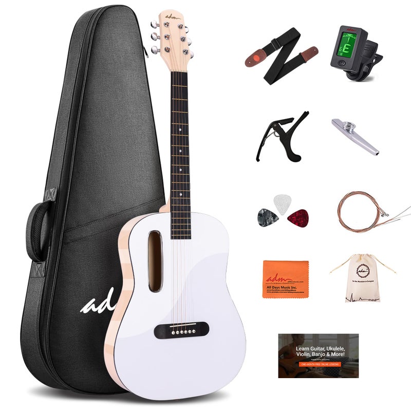 ADM Acoustic Guitar Kits for Beginners Adults - 38" Steel-String Guitars Bundle with Online Lesson Wooden Bowl Guitarra Starter Set Package with Bag, Strap, Picks, Capos, Kazoo, White - Image 1
