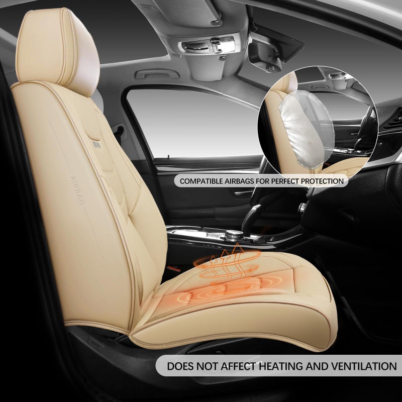 WENNFOUR Car Seat Covers Front Seats Only, Universal Luxury Automotive Car Seat Protector 2 Pack, Waterproof Breathable Leather Car Seat Cushion for Most Vehicles SUV Pick-up Truck, Beige - Image 4