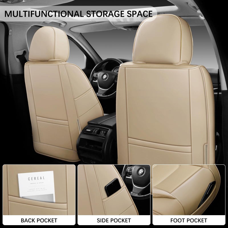 WENNFOUR Car Seat Covers Front Seats Only, Universal Luxury Automotive Car Seat Protector 2 Pack, Waterproof Breathable Leather Car Seat Cushion for Most Vehicles SUV Pick-up Truck, Beige - Image 5