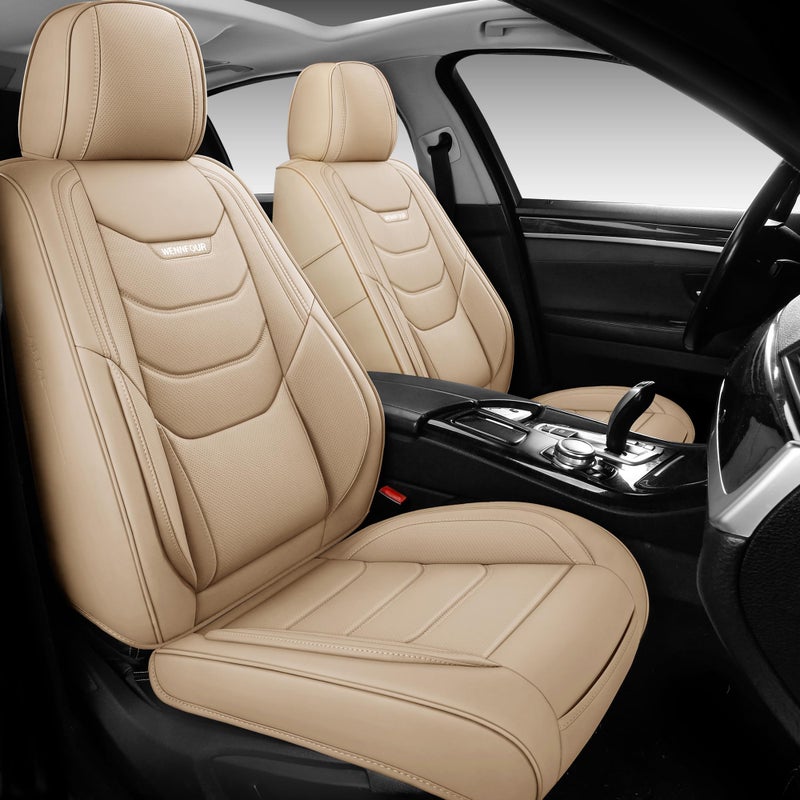 WENNFOUR Car Seat Covers Front Seats Only, Universal Luxury Automotive Car Seat Protector 2 Pack, Waterproof Breathable Leather Car Seat Cushion for Most Vehicles SUV Pick-up Truck, Beige - Image 1
