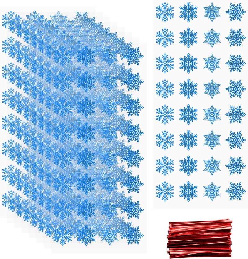 luakesa 100 Pieces Christmas Treat Candy Bags,Clear Cookie Snowflake Cellophane Bags with Twist Ties for Christmas Holiday Party Goody Supplies (Blue) - Image 1