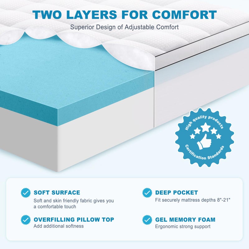 MASVIS Twin Size Dual Layer 4 Inch Memory Foam Mattress Topper, 2 Inch Gel Memory Foam and 2 Inch Cooling Pillow Top Mattress Pad Cover for Back Pain, Medium Support - Image 2