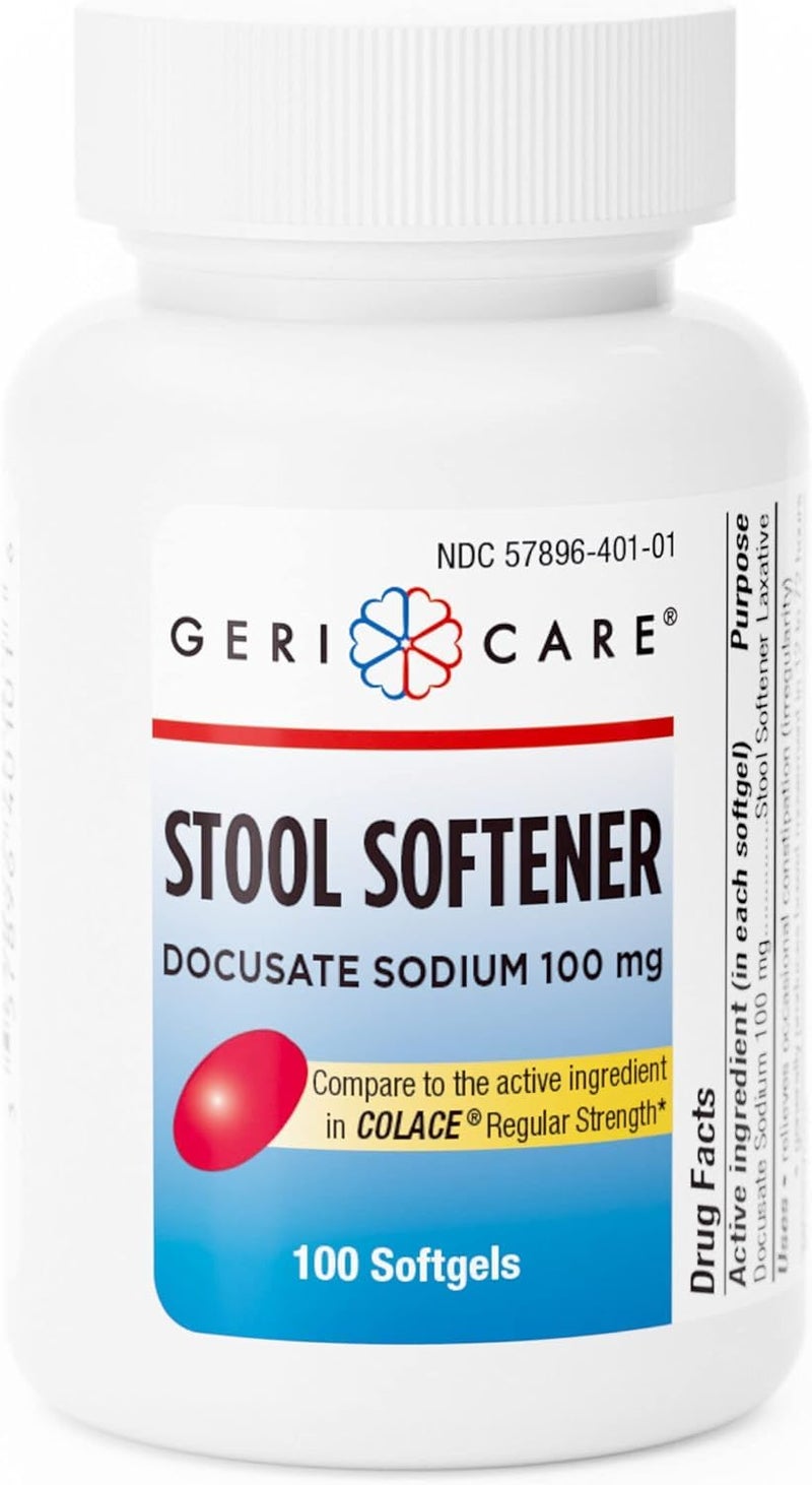 GeriCare Docusate Sodium Stool Softener 100mg Gentle Stimulant Laxative Softgels for Men Women Constipation Relief Adults Daily Bowel Movement Laxative Pack of 1