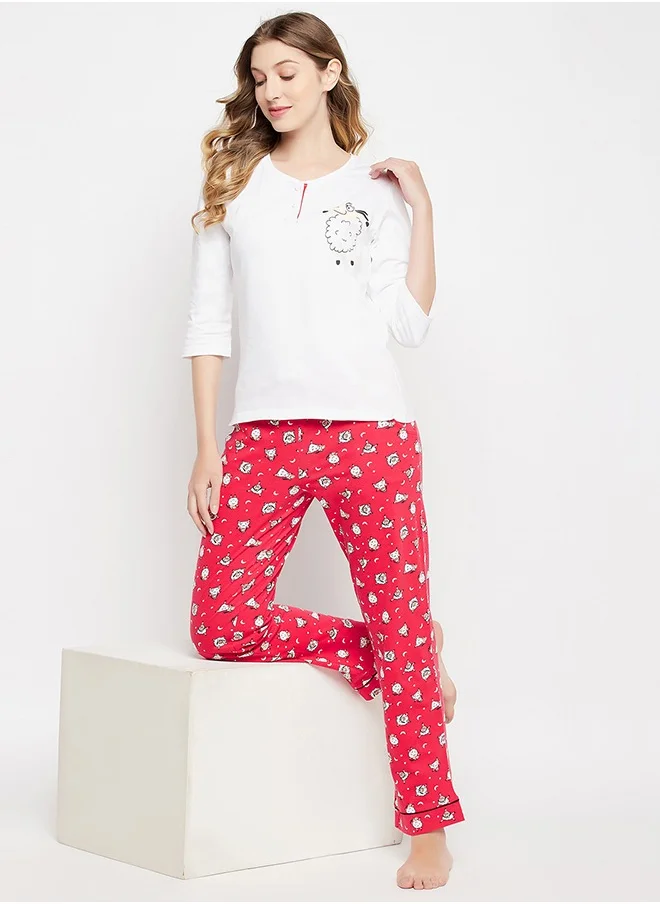 كلوفيا Clovia Sheep Print Top in White & Pyjama in Red - 100% Cotton