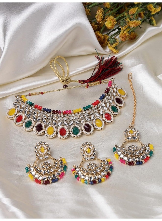Sukkhi Sophisticated Traditional Looked Multicolor Stone Choker Necklace Set With Chandbali Earring And Mangtikka | Jewellery For Women (NS105650) - Image 3