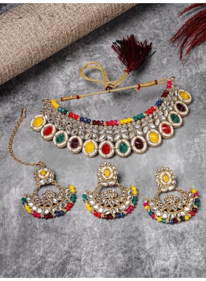 Sukkhi Sophisticated Traditional Looked Multicolor Stone Choker Necklace Set With Chandbali Earring And Mangtikka | Jewellery For Women (NS105650) - Image 4