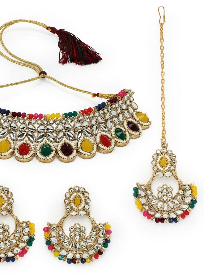 Sukkhi Sophisticated Traditional Looked Multicolor Stone Choker Necklace Set With Chandbali Earring And Mangtikka | Jewellery For Women (NS105650) - Image 5
