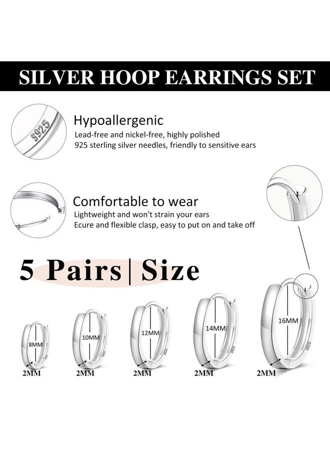 Senteria Sterling Silver Small Hoop Earrings for Women and Men - 5 Pairs of Hypoallergenic Huggie Hoop Earrings in 8, 10, 12, 14, 16mm  - Image 2