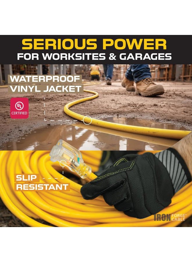 IRON FORGE CABLE 50 ft Lighted Outdoor Extension Cord - 12/3 SJTW Heavy Duty Yellow Extension Cable with 3 Prong Grounded Plug for Safety, 15AMP - Great for Garden and Major Appliances - Image 2