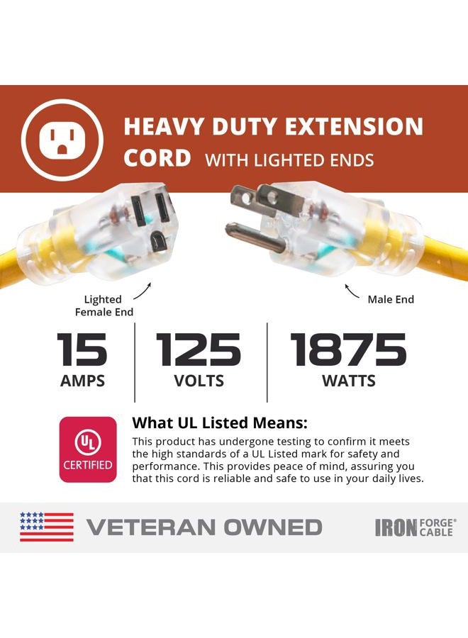 IRON FORGE CABLE 50 ft Lighted Outdoor Extension Cord - 12/3 SJTW Heavy Duty Yellow Extension Cable with 3 Prong Grounded Plug for Safety, 15AMP - Great for Garden and Major Appliances - Image 3