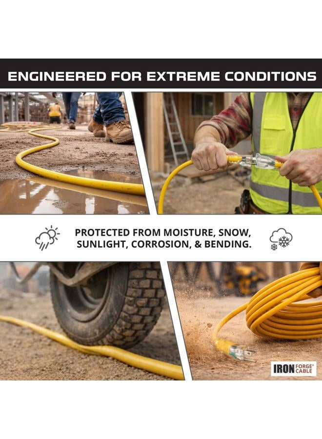 IRON FORGE CABLE 50 ft Lighted Outdoor Extension Cord - 12/3 SJTW Heavy Duty Yellow Extension Cable with 3 Prong Grounded Plug for Safety, 15AMP - Great for Garden and Major Appliances - Image 4