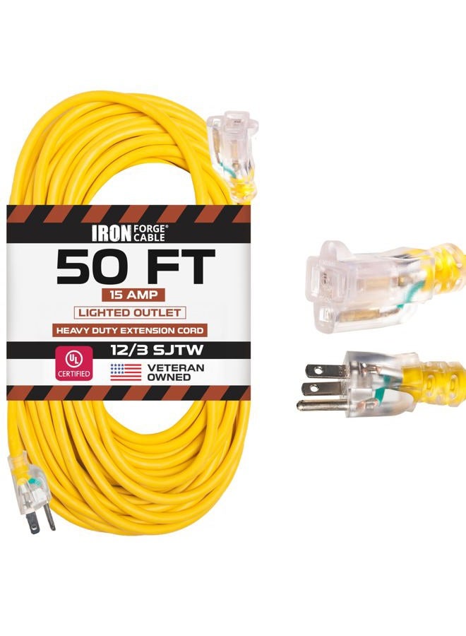 IRON FORGE CABLE 50 ft Lighted Outdoor Extension Cord - 12/3 SJTW Heavy Duty Yellow Extension Cable with 3 Prong Grounded Plug for Safety, 15AMP - Great for Garden and Major Appliances - Image 1