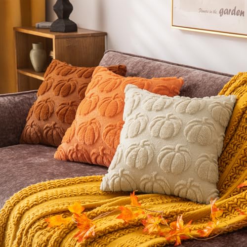 COSIBONO Beige Pumpkin Fall Decorative Throw Pillow Covers 18"x18", Set of 2 Soft Faux Fur Pillow Covers for Autumn Harvest, Fluffy Plush Accent Pillow Cases for Farmhouse Couch Cushion Covers - Image 4