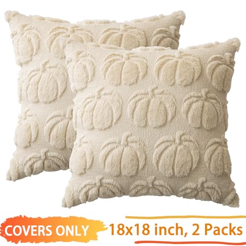 COSIBONO Beige Pumpkin Fall Decorative Throw Pillow Covers 18"x18", Set of 2 Soft Faux Fur Pillow Covers for Autumn Harvest, Fluffy Plush Accent Pillow Cases for Farmhouse Couch Cushion Covers - Image 3