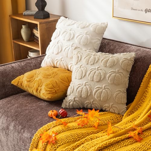 COSIBONO Beige Pumpkin Fall Decorative Throw Pillow Covers 18"x18", Set of 2 Soft Faux Fur Pillow Covers for Autumn Harvest, Fluffy Plush Accent Pillow Cases for Farmhouse Couch Cushion Covers - Image 2