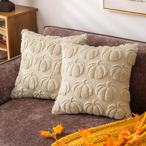 COSIBONO Beige Pumpkin Fall Decorative Throw Pillow Covers 18"x18", Set of 2 Soft Faux Fur Pillow Covers for Autumn Harvest, Fluffy Plush Accent Pillow Cases for Farmhouse Couch Cushion Covers - Image 1
