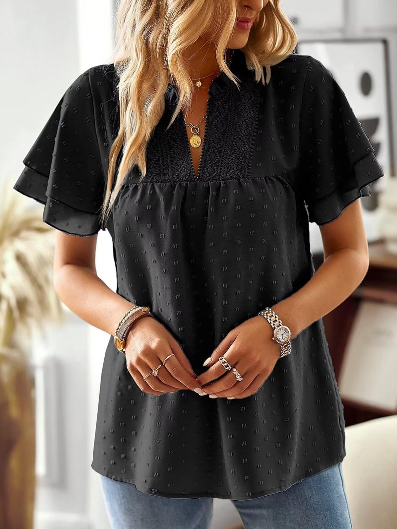 Falechay Womens Summer Tops Ruffle Sleeve V Neck Blouses for Women Dressy Casual Flowy Business Short Sleeve Shirts Black L - Image 5