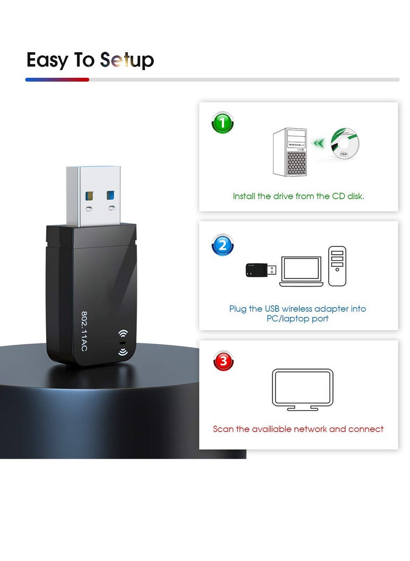 SYOSI - محول واي فاي لاسلكي USB 3.0 بسرعة 1300 ميجابت في الثانية للكمبيوتر الشخصي، محولات شبكة واي فاي USB AC Mini 802.11ac 2.4 جيجا هرتز/5 جيجا هرتز، هوائي مدمج لنظام التشغيل Windows 10/7/8/8.1/XP وMac OS 10.6-10.15 - Image 1
