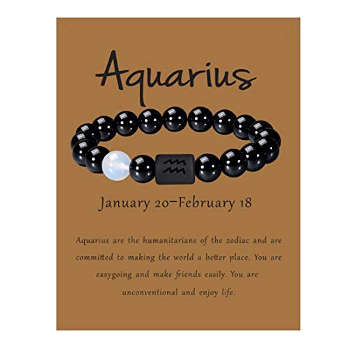 VLINRAS Zodiac Aquarius Bracelet for Men Women Aquarius Gifts Natural Black Onyx Stone Zodiac Charm Bracelet Constellation Horoscope Jewelry - Image 1