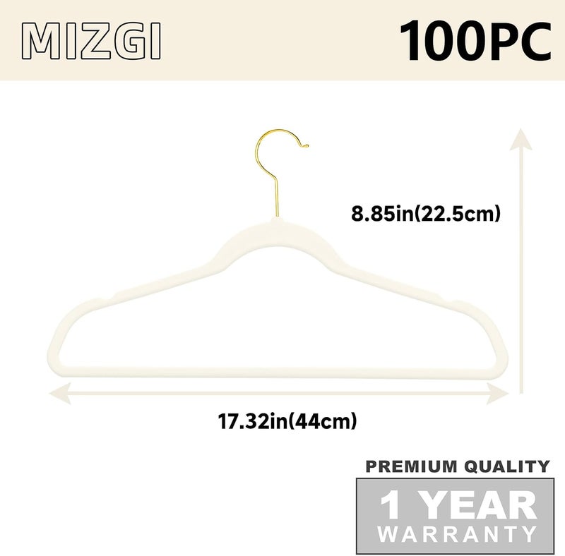 MIZGI Premium Velvet Hangers Pack 100 Pcs Heavyduty - Non Slip Slimline - Velvet Suit Hangers Ivory - Gold Hooks,Space Saving Clothes Hangers … - Image 2