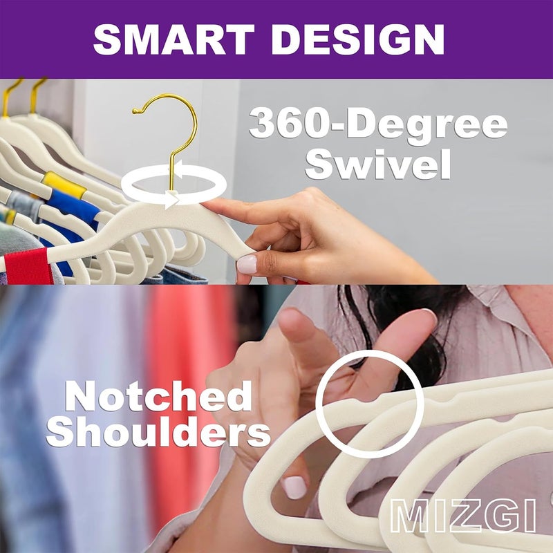 MIZGI Premium Velvet Hangers Pack 100 Pcs Heavyduty - Non Slip Slimline - Velvet Suit Hangers Ivory - Gold Hooks,Space Saving Clothes Hangers … - Image 4