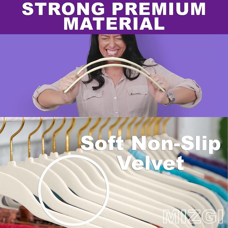 MIZGI Premium Velvet Hangers Pack 100 Pcs Heavyduty - Non Slip Slimline - Velvet Suit Hangers Ivory - Gold Hooks,Space Saving Clothes Hangers … - Image 3