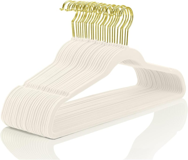MIZGI Premium Velvet Hangers Pack 100 Pcs Heavyduty - Non Slip Slimline - Velvet Suit Hangers Ivory - Gold Hooks,Space Saving Clothes Hangers … - Image 1