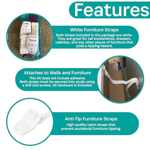 KidCo Anti-Tip Furniture Straps - Anti Tip Safety Straps, TV & Furniture Straps for Child Safety, Two Pack, White - Image 3