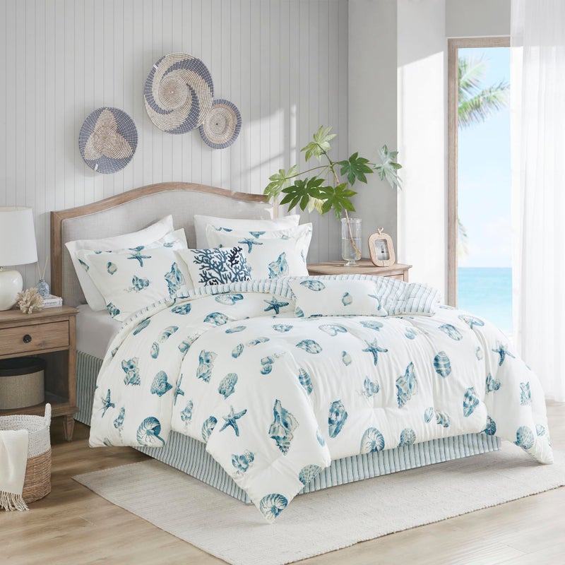 Harbor House Harbor House Cozy Cotton Comforter Set  Coastal All Season Down Alternative Casual Bedding with Matching Shams Decorative Pillows Beach House Reversible Seashell Blue King108x96 4 Piece 