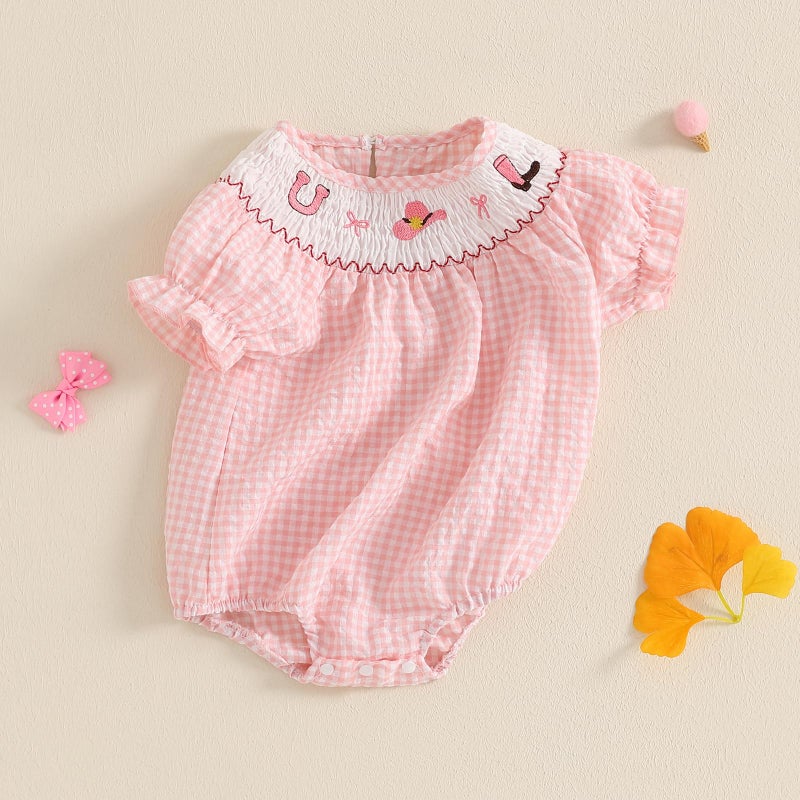 Licupiee Baby Girl Smocked Western Romper Short Sleeve Bubble Rompers Summer Clothes Plaid Print Embroidery Bow Bodysuit Tops (Pink, 12-18 Months) - Image 3