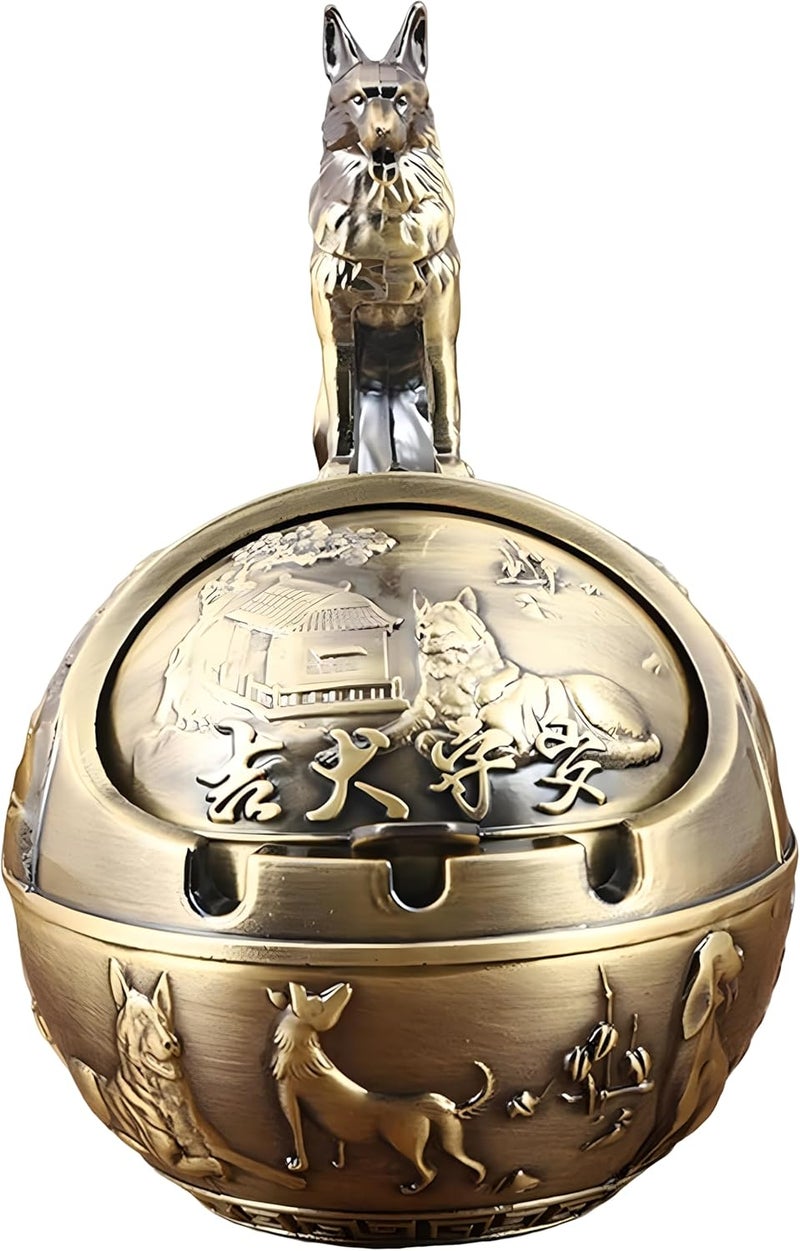 Vintage Ashtray with Lid for Cigarettes,Metal Windproof Smokeless Odorless Ash Tray Holder for Indoor Outdoor Decorative Hand-Carved Fancy Gift Ornament for Home Office (Bronze Dog) - Image 2