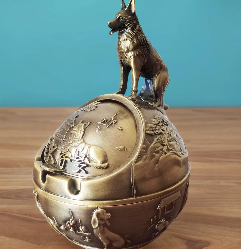 Vintage Ashtray with Lid for Cigarettes,Metal Windproof Smokeless Odorless Ash Tray Holder for Indoor Outdoor Decorative Hand-Carved Fancy Gift Ornament for Home Office (Bronze Dog) - Image 3