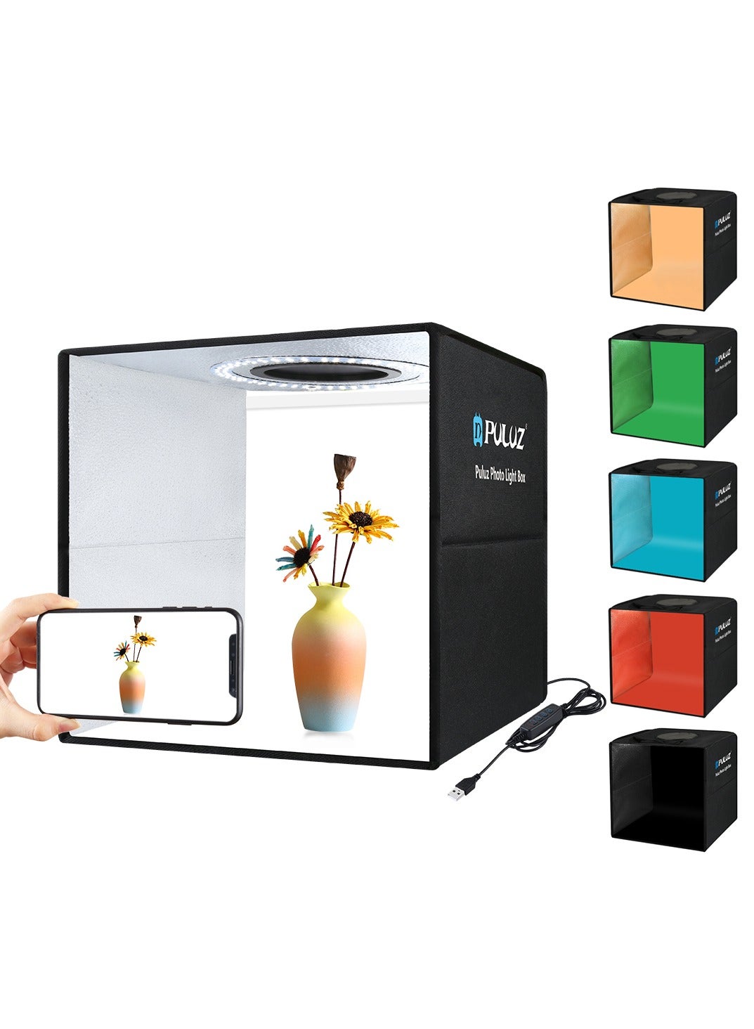 PULUZ 11.8 Inch/30cm Portable Photo Lighting Studio Light Box Shooting Tent Box Kit 30cm Ring Light with 6 Colors Backdrops (Black, White, Yellow, Red, Green, Blue)