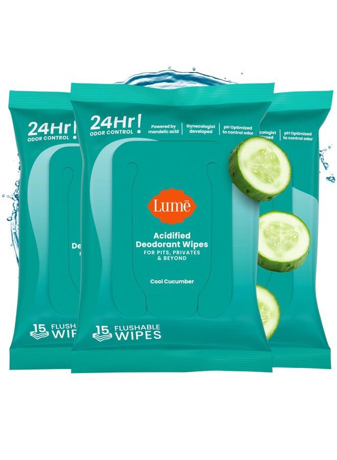 Lume Acidified Deodorant Wipes - 24 Hour Odor Control - Aluminum Free, Baking Soda Free, Skin Loving - 15 Count (Pack of 3) (Cool Cucumber) - Image 1