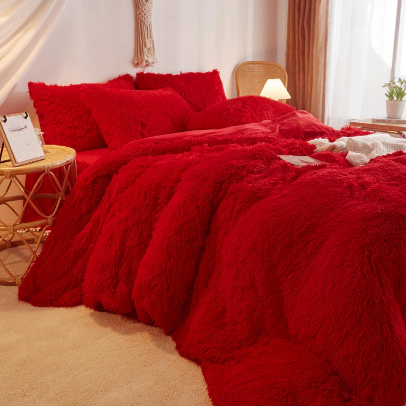 HAIHUA Fluffy red Comforter Cover Set Queenï¼ŒPlush Bedding Set 1 Pieces (1 Faux Fur Duvet Cover) Fluffy Bed Set (red, Queen) - Image 2
