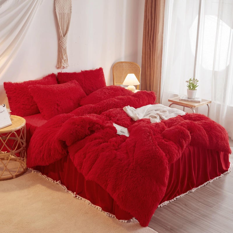 HAIHUA Fluffy red Comforter Cover Set Queenï¼ŒPlush Bedding Set 1 Pieces (1 Faux Fur Duvet Cover) Fluffy Bed Set (red, Queen) - Image 1