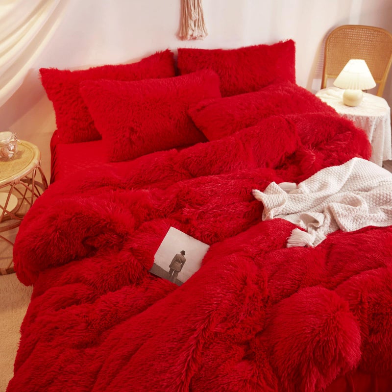 HAIHUA Fluffy red Comforter Cover Set Queenï¼ŒPlush Bedding Set 1 Pieces (1 Faux Fur Duvet Cover) Fluffy Bed Set (red, Queen) - Image 3