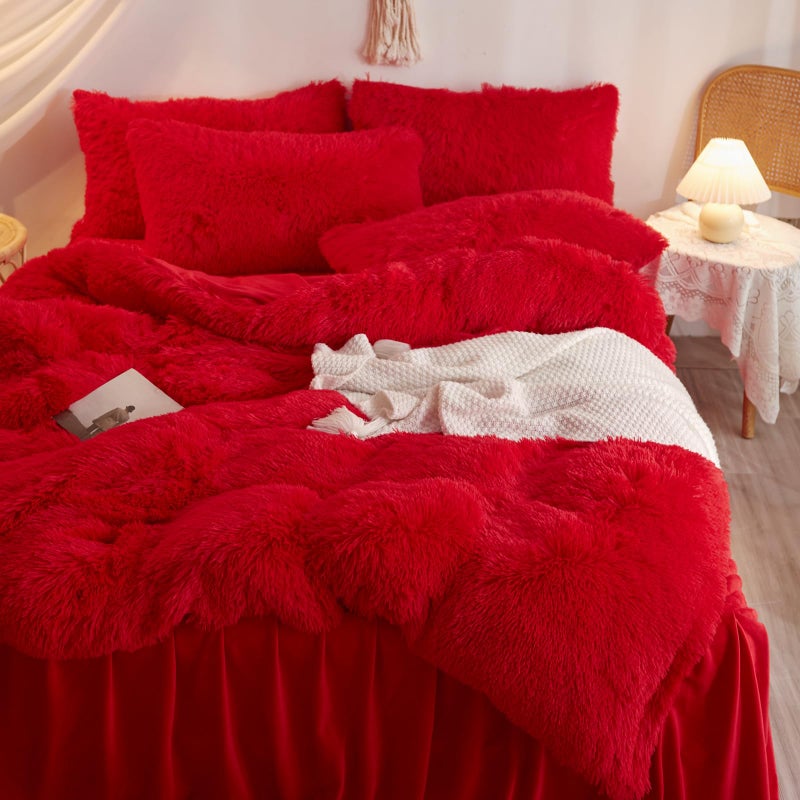 HAIHUA Fluffy red Comforter Cover Set Queenï¼ŒPlush Bedding Set 1 Pieces (1 Faux Fur Duvet Cover) Fluffy Bed Set (red, Queen) - Image 5