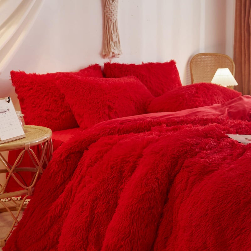 HAIHUA Fluffy red Comforter Cover Set Queenï¼ŒPlush Bedding Set 1 Pieces (1 Faux Fur Duvet Cover) Fluffy Bed Set (red, Queen) - Image 4