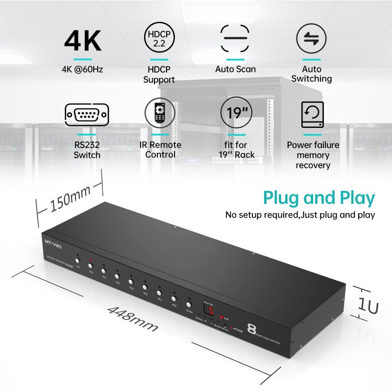 MT-VIKI Rack Mount HDMI Switch, 8 Ports HDMI Switch 8 in 1 Out 4K@60Hz (4:4:4) HDCP2.2 + Rackmount-Ears+RS232 +Auto Swtich, Auto Scan (8x1) - Image 2