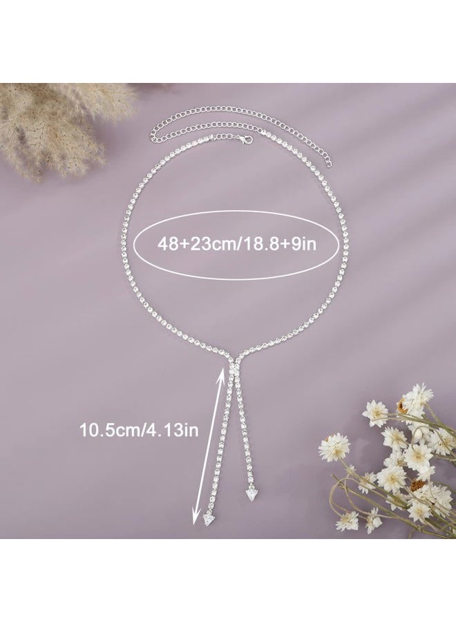 Xerling Bling Rhinestones Choker Necklaces Tennis Chain Necklaces for Women Dainty Crystal Pendant Statement Y-Necklaces for Wedding Prom Triangle Zircon Necklaces (Silver) - Image 3