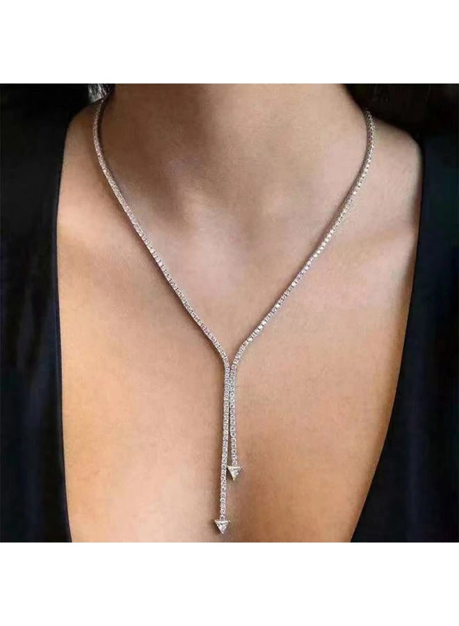 Xerling Bling Rhinestones Choker Necklaces Tennis Chain Necklaces for Women Dainty Crystal Pendant Statement Y-Necklaces for Wedding Prom Triangle Zircon Necklaces (Silver) - Image 2