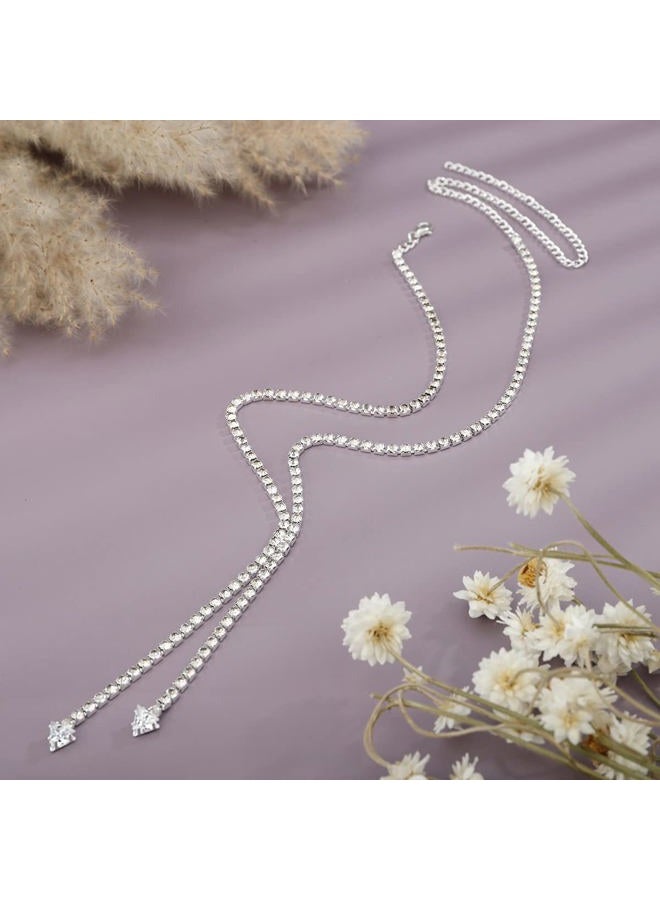 Xerling Bling Rhinestones Choker Necklaces Tennis Chain Necklaces for Women Dainty Crystal Pendant Statement Y-Necklaces for Wedding Prom Triangle Zircon Necklaces (Silver) - Image 4