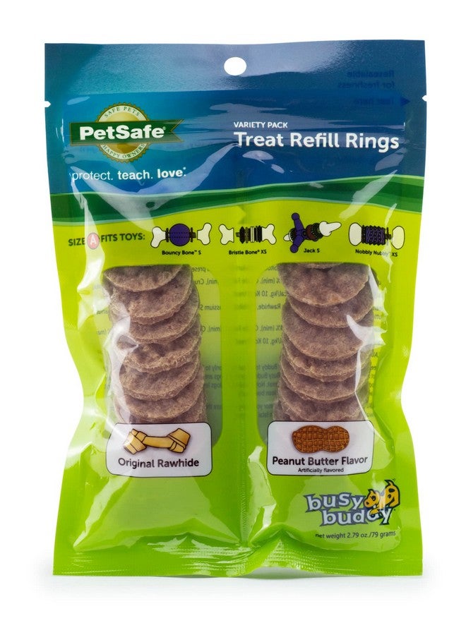 بيت سيف حلقات مكافآت PetSafe® Rawhide، عبوة متنوعة، مقاس A، نكهة جلد خام أصلي وزبدة الفول السوداني، مكافآت بديلة لحلقة مكافآت Busy Buddy التي تحمل ألعابًا - Image 1